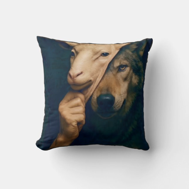 Wolf holding up a sheep mask  throw pillow (Front)