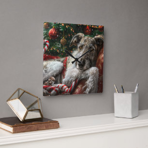 Wolf Hound Dog Christmas Festive Square Wall Clock