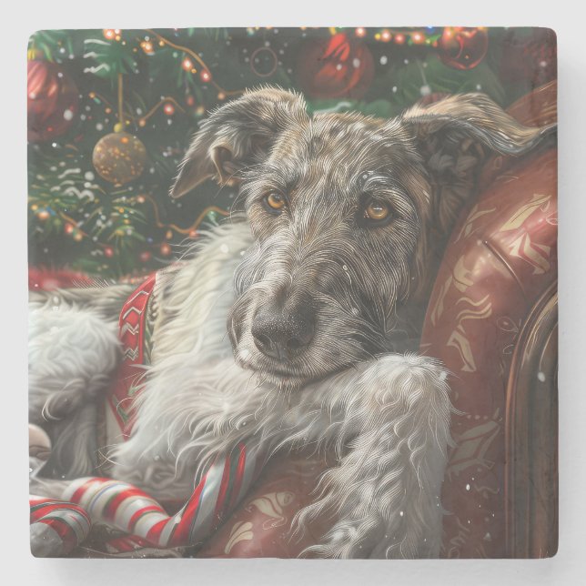 Wolf Hound Dog Christmas Festive Stone Coaster (Front)
