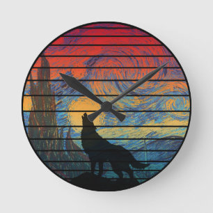 WOLF HOWLING ABSTRACT STYLE ROUND CLOCK