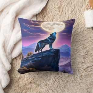 Wolf Howling at Full Moon Over Mystic Mountains Throw Pillow