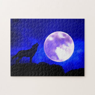 Wolf Howling at Moon Blue Night Artwork Animal Art Jigsaw Puzzle