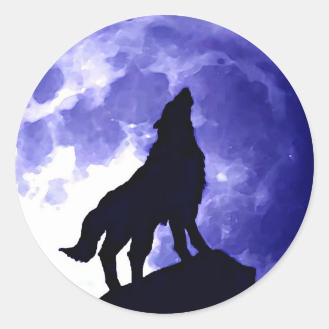 Wolf Howling at Moon Blue Night Fullmoon Classic Round Sticker (Front)