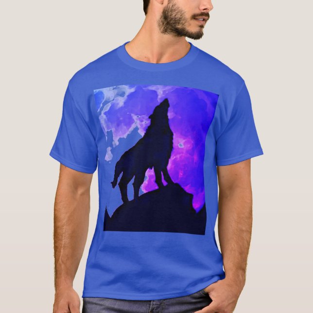 Wolf Howling at Moon Blue T-Shirt (Front)