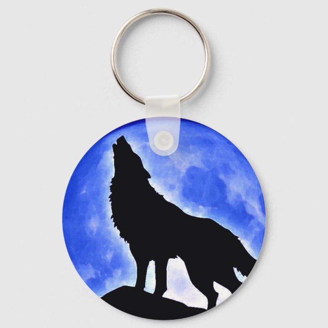 Wolf Howling at Moon Keychain (Front)