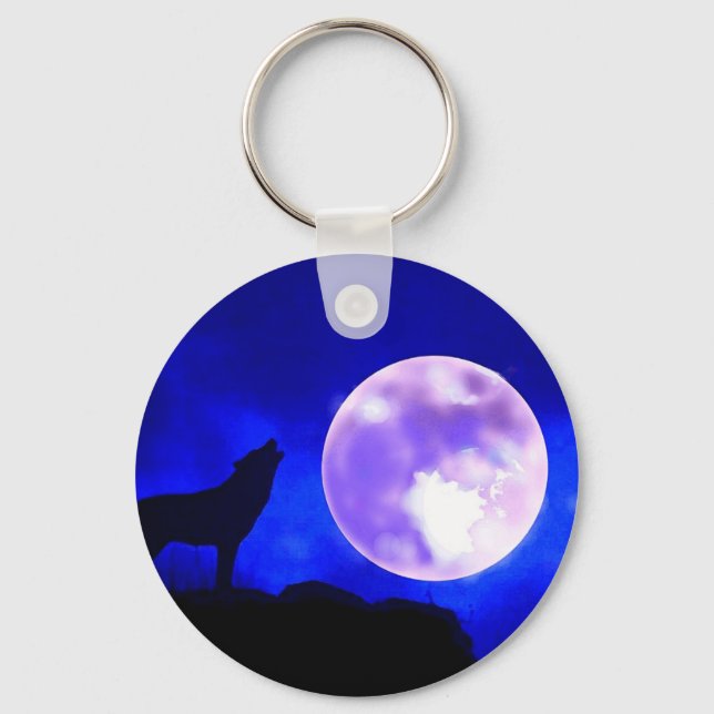 Wolf Howling at Moon Keychain (Front)