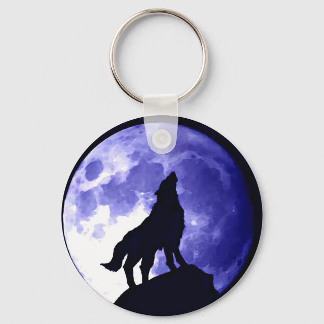 Wolf Howling at Moon Keychain (Front)
