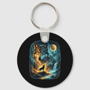 Wolf Howling at Moon Mystic Wolf Moon Forest Keychain