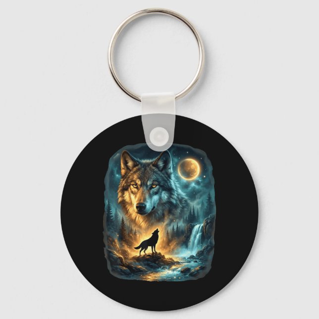 Wolf Howling at Moon Mystic Wolf Moon Forest Keychain (Front)