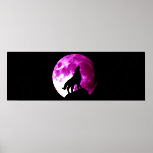 Wolf Howling at Moon Panoramic Poster Print
