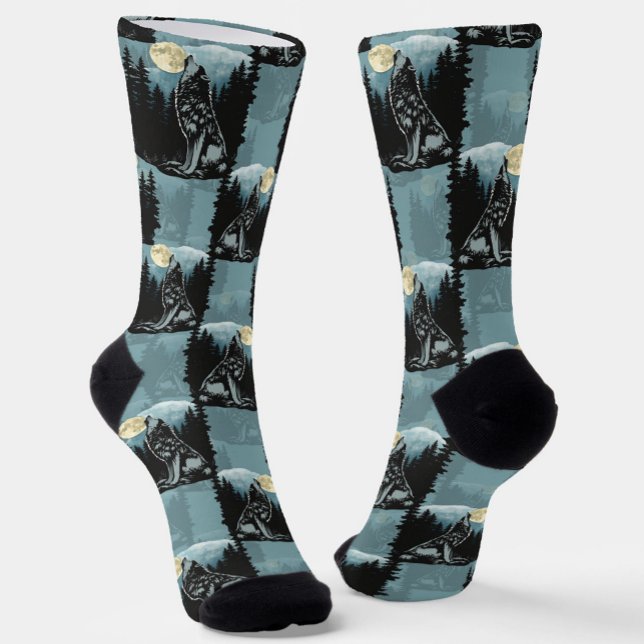 Wolf Howling At Moon Pattern Design  Socks (Creator Uploaded)
