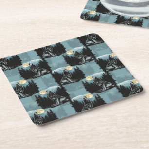 Wolf Howling At Moon Pattern Design Square Paper Coaster