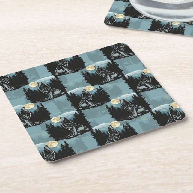 Wolf Howling At Moon Pattern Design  Square Paper Coaster (Creator Uploaded)