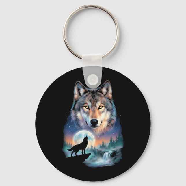 Wolf Howling at Moon Underneath Beautiful Wolf Keychain (Front)