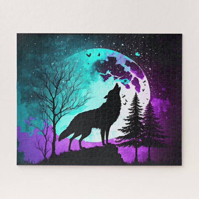 Wolf Howling at the Moon Galaxy Stars Animal Jigsaw Puzzle (Horizontal)