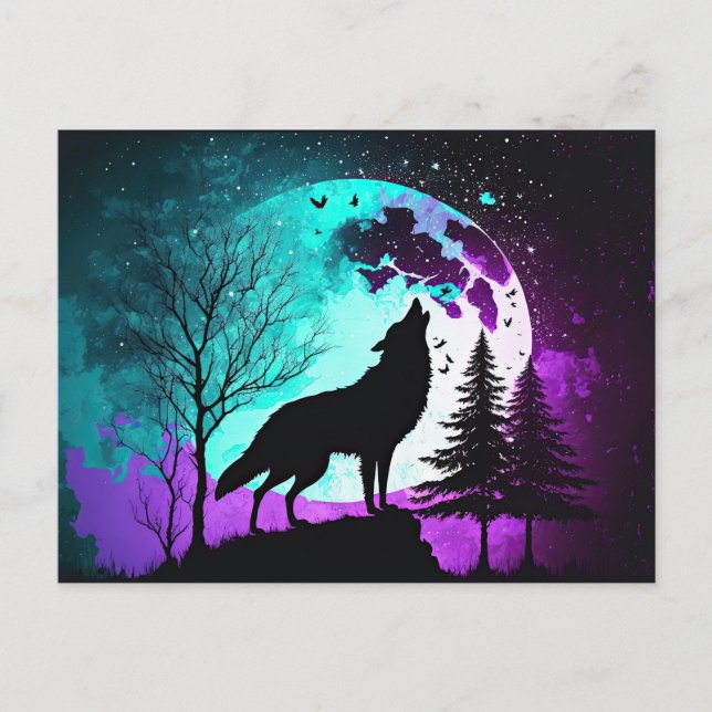Wolf Howling at the Moon Galaxy Stars Animal Postcard (Front)