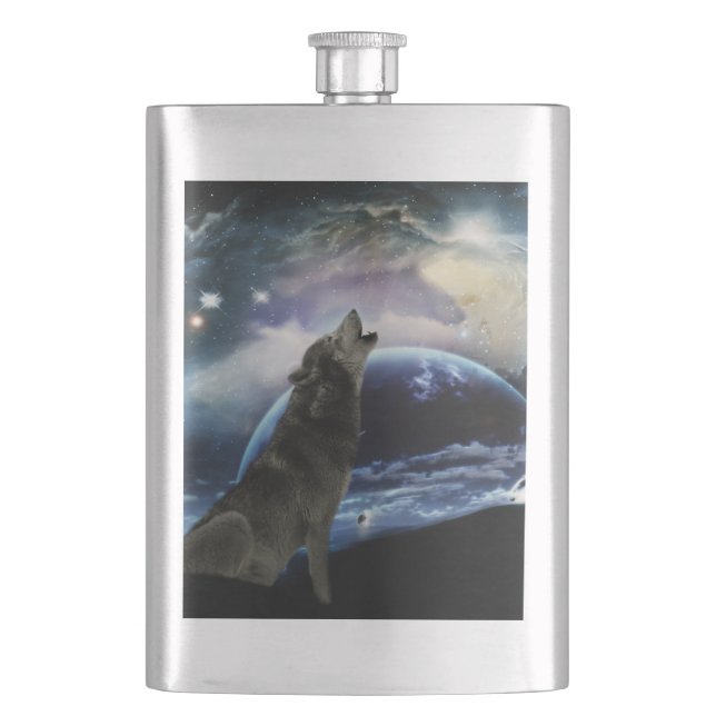 Wolf howling at the moon hip flask (Front)
