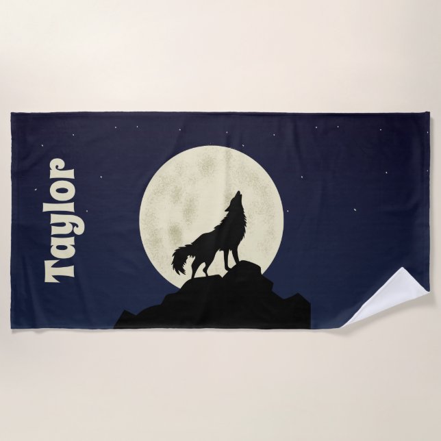 Wolf Howling at the Moon Illustration Personalized Beach Towel (Front)