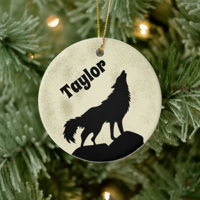 Wolf Howling at the Moon Illustration Personalized Ceramic Ornament (Tree)