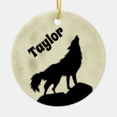 Wolf Howling at the Moon Illustration Personalized Ceramic Ornament (Front)