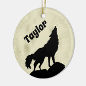 Wolf Howling at the Moon Illustration Personalized Ceramic Ornament (Left)