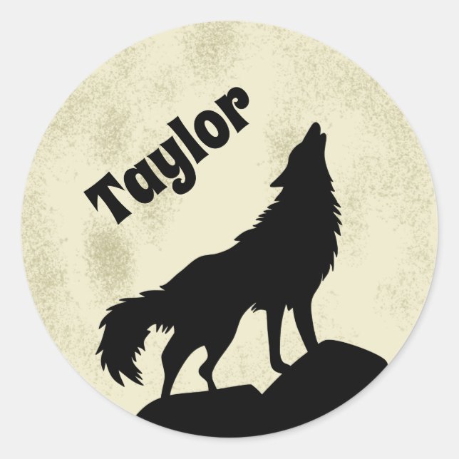 Wolf Howling at the Moon Illustration Personalized Classic Round Sticker (Front)