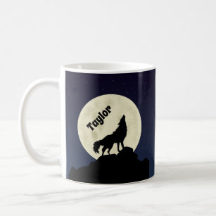 Wolf Howling at the Moon Illustration Personalized Coffee Mug