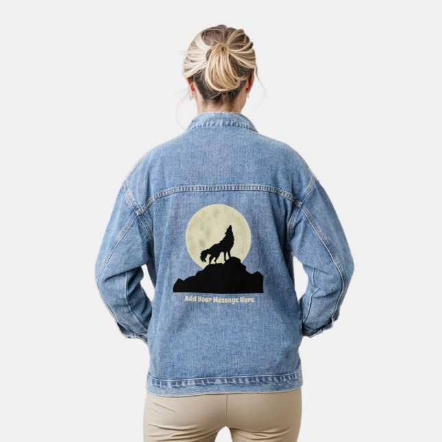 Wolf Howling at the Moon Illustration Personalized Denim Jacket (Model)