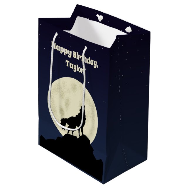 Wolf Howling at the Moon Illustration Personalized Medium Gift Bag (Front Angled)