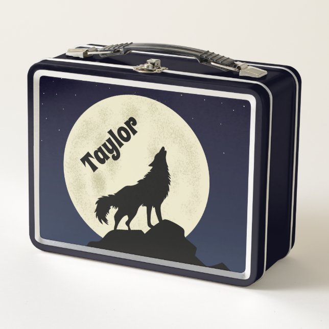 Wolf Howling at the Moon Illustration Personalized Metal Lunch Box (Front)