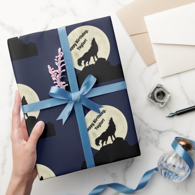 Wolf Howling at the Moon Illustration Personalized Wrapping Paper (Gifting)