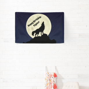 Wolf Howling at the Moon Midnight Blue Banner
