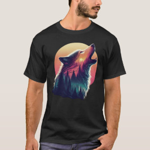 Wolf howling at the moon Night sky sunset forest T-Shirt