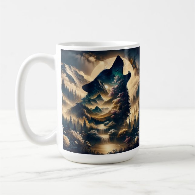 Wolf Howling at the Moon on a Cloudy Night Coffee Mug (Left)