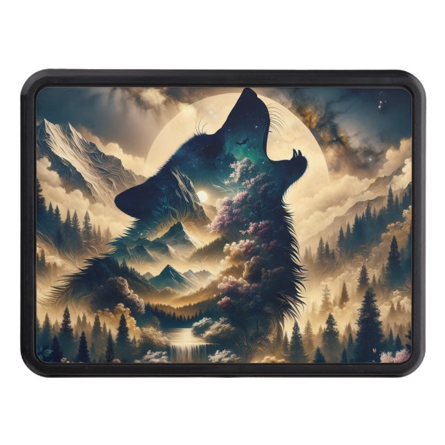 Wolf Howling at the Moon on a Cloudy Night Trailer Hitch Cover (Front)