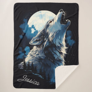 Wolf Howling at the Moon Sherpa Blanket