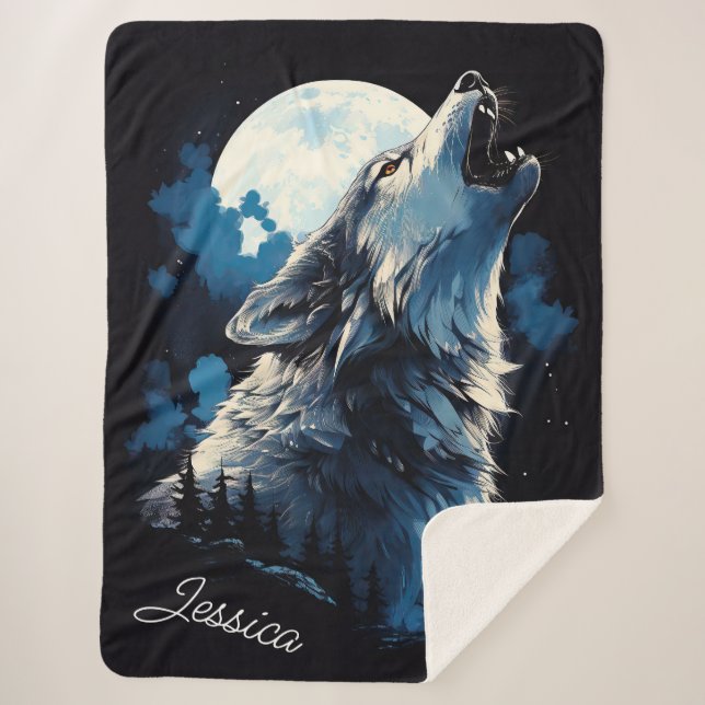 Wolf Howling at the Moon Sherpa Blanket (Front)