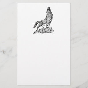 Wolf Howling at the Moon Silhouette Drawing Stationery