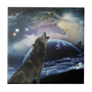 Wolf howling at the moon tile