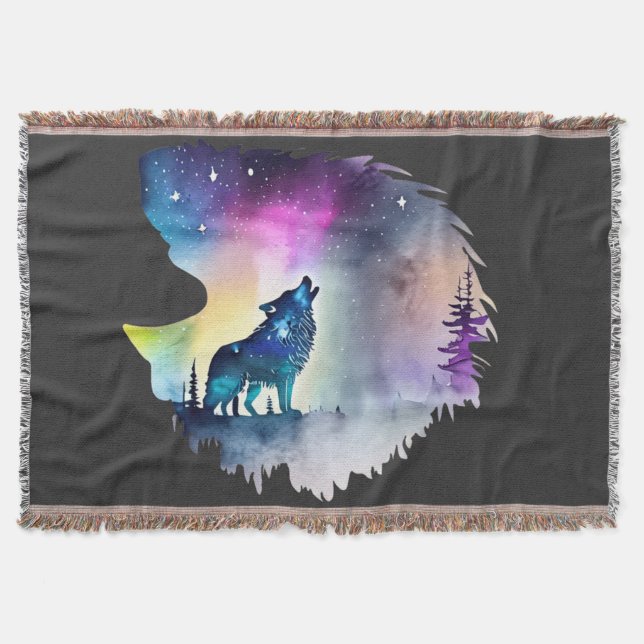 Wolf Howling at the Northern Lights Throw Blanket (Front)