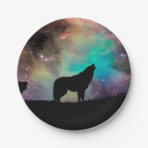 Wolf howling at the universe paper plate