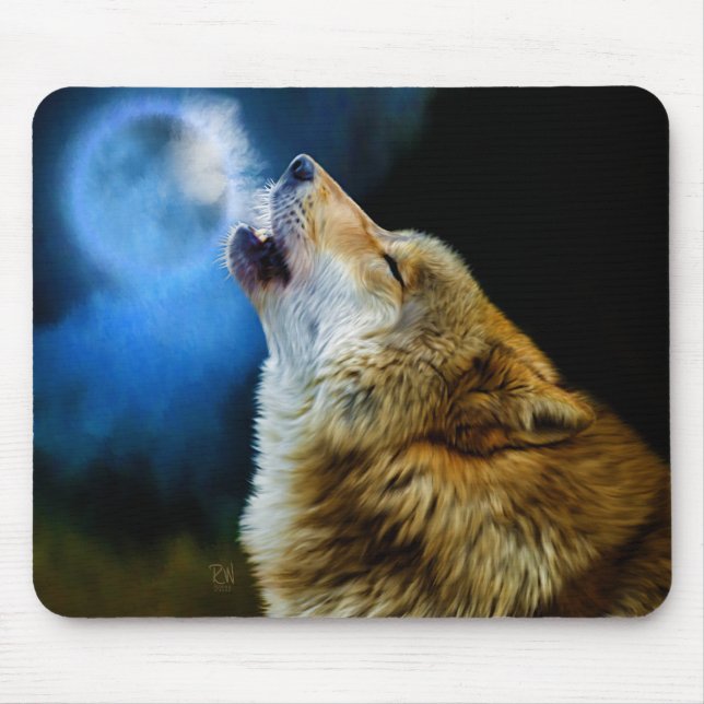 Wolf Howling Beneath Full Moon Mouse Pad (Front)