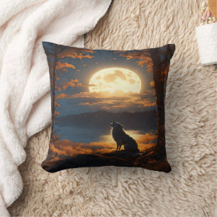 Wolf Howling Beneath Glowing Full Moon at Dusk Throw Pillow