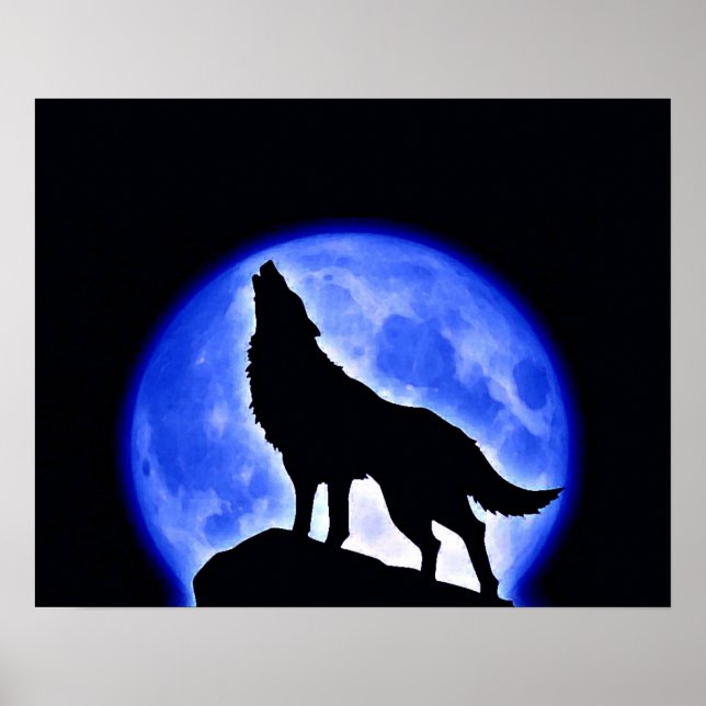 Wolf Howling Blue Full Moon Night Poster (Front)