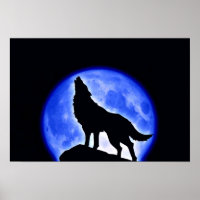 Wolf Howling Blue Full Moon Night Poster