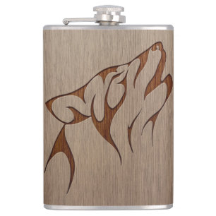 Wolf howling engraved on wood design hip flask