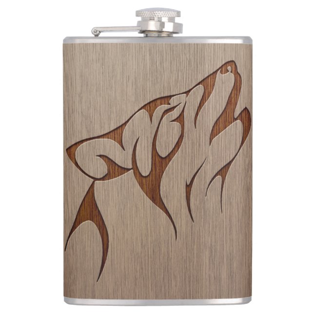 Wolf howling engraved on wood design hip flask (Front)