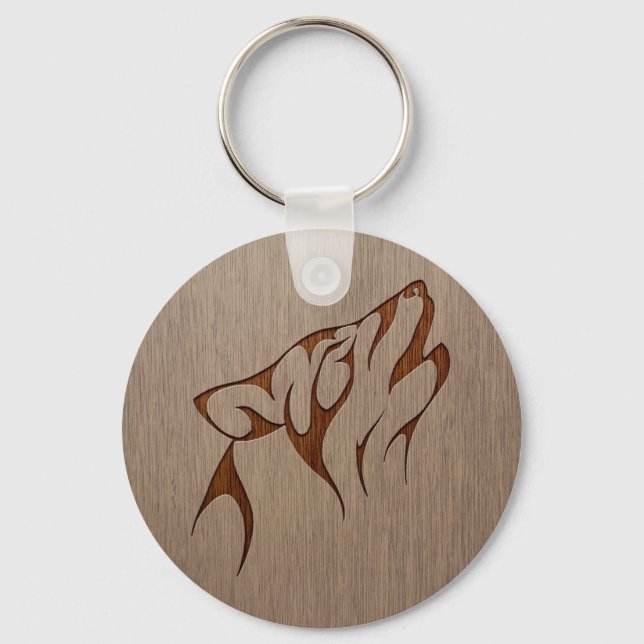 Wolf howling engraved on wood design keychain (Front)