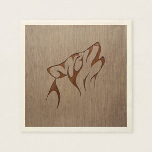 Wolf howling engraved on wood design napkin