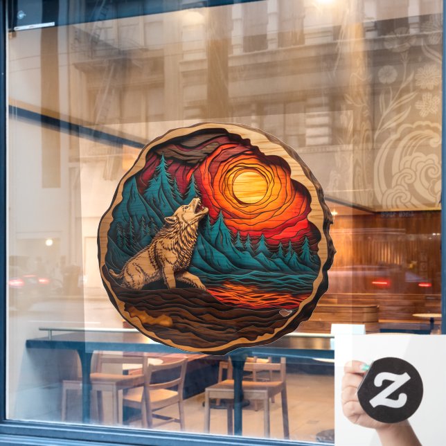 Wolf Howling Faux Wood Carving Wild Nature Window Cling (Cafe Window)